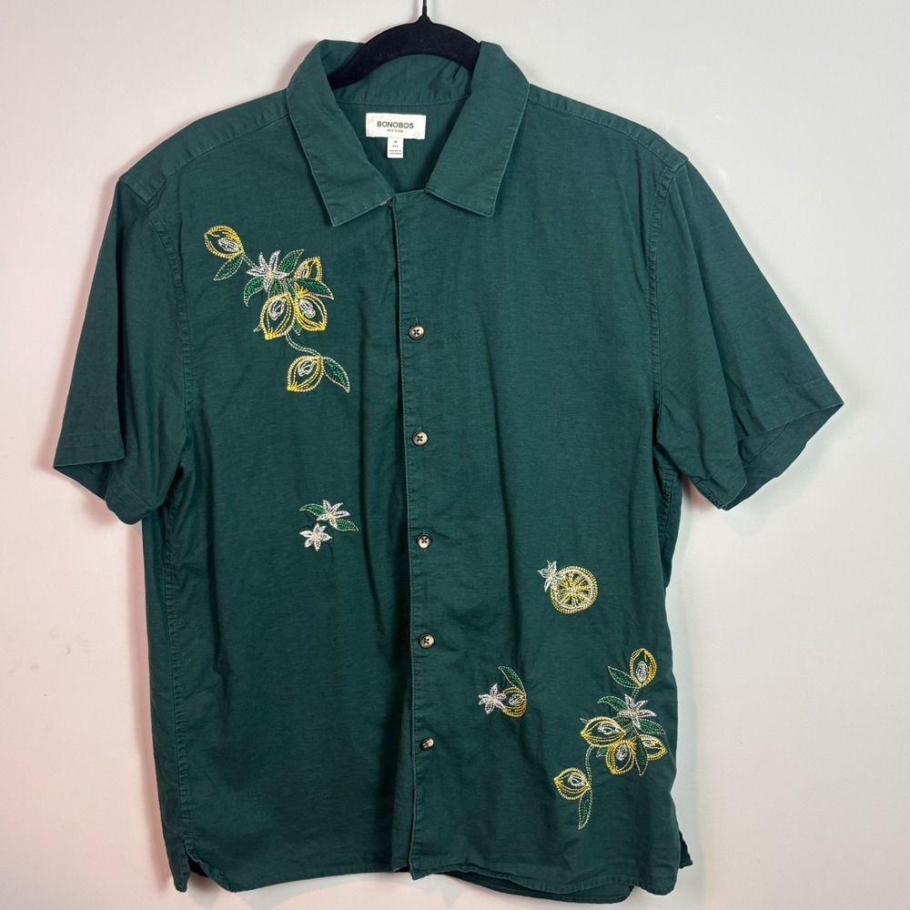 Bonobos Embroidered Green Cotton Hemp Floral Mens button up short sleeve shirt M